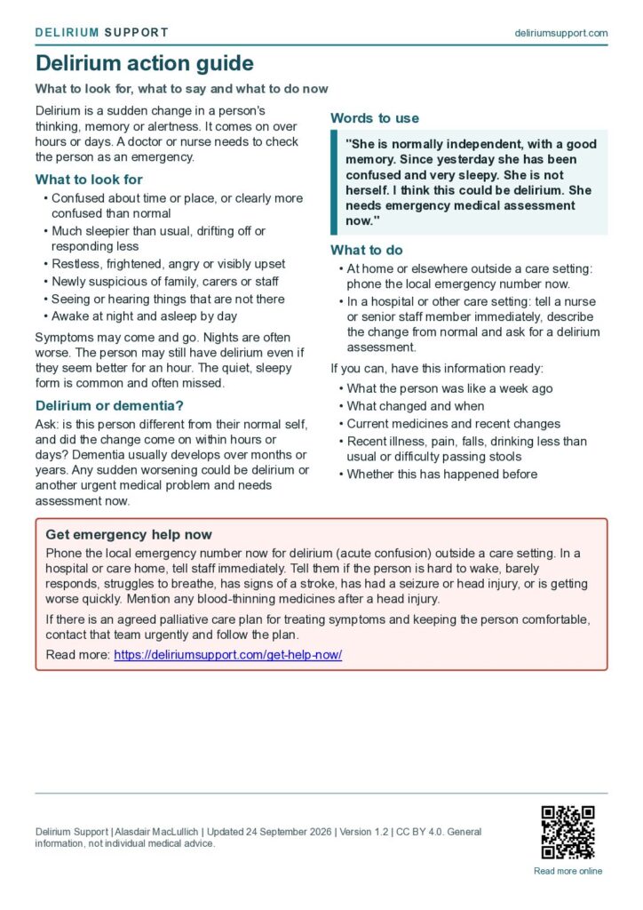 First page of the Delirium action guide sheet