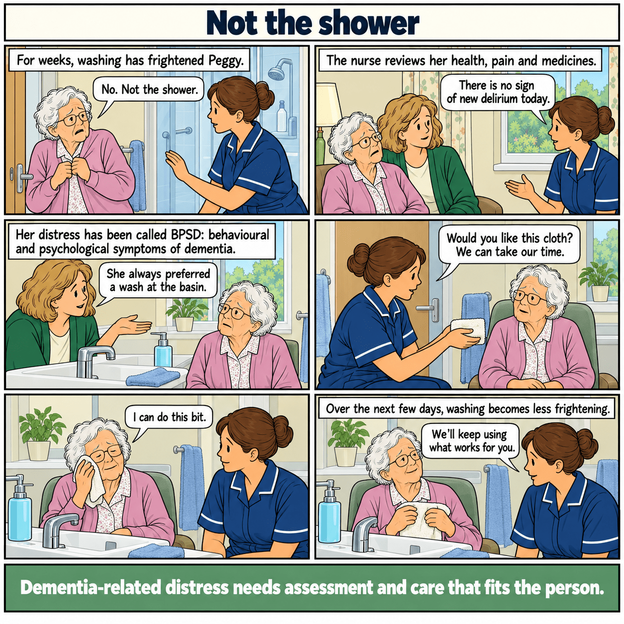 Six-panel illustrated story: Not the shower. A woman with dementia finds washing less frightening when staff change the approach.