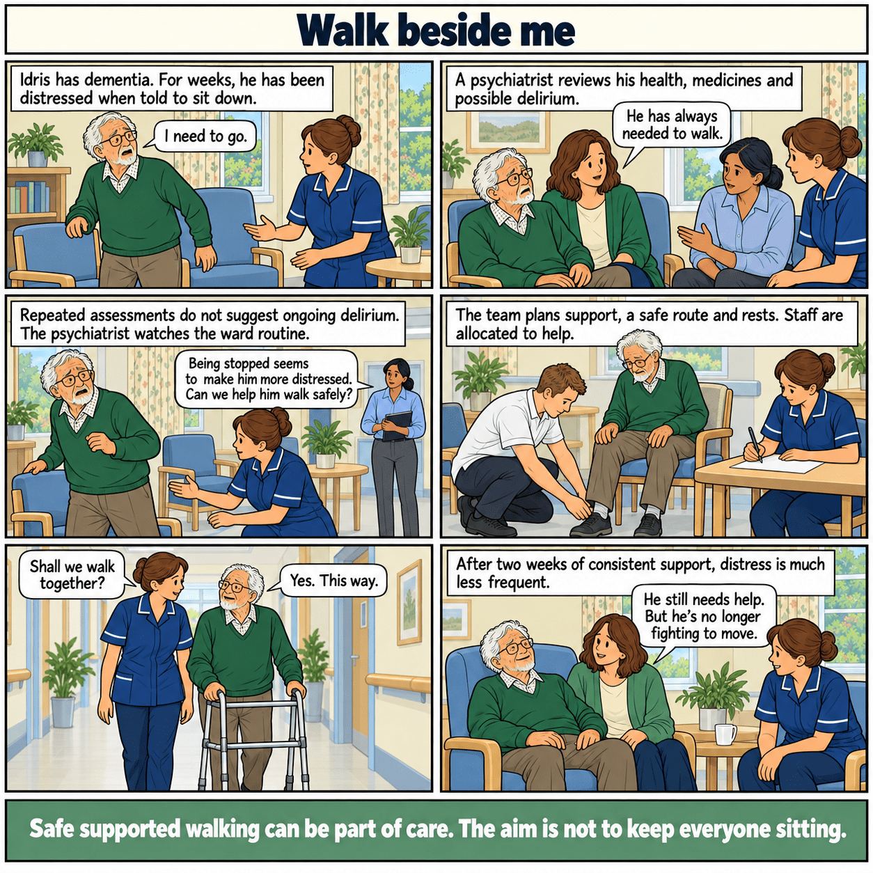 Six-panel illustrated story: Walk beside me. A psychiatrist and ward team replace repeated sitting instructions with assessed, supported walking.