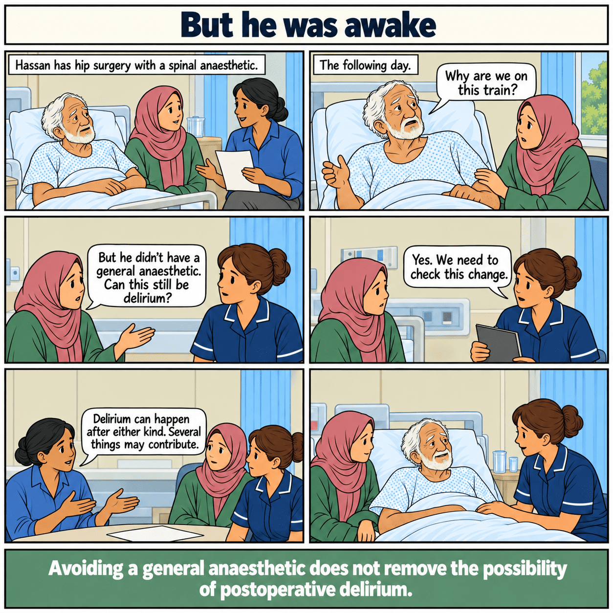 Six-panel illustrated story: But he was awake. A granddaughter learns that delirium can occur after spinal anaesthesia.