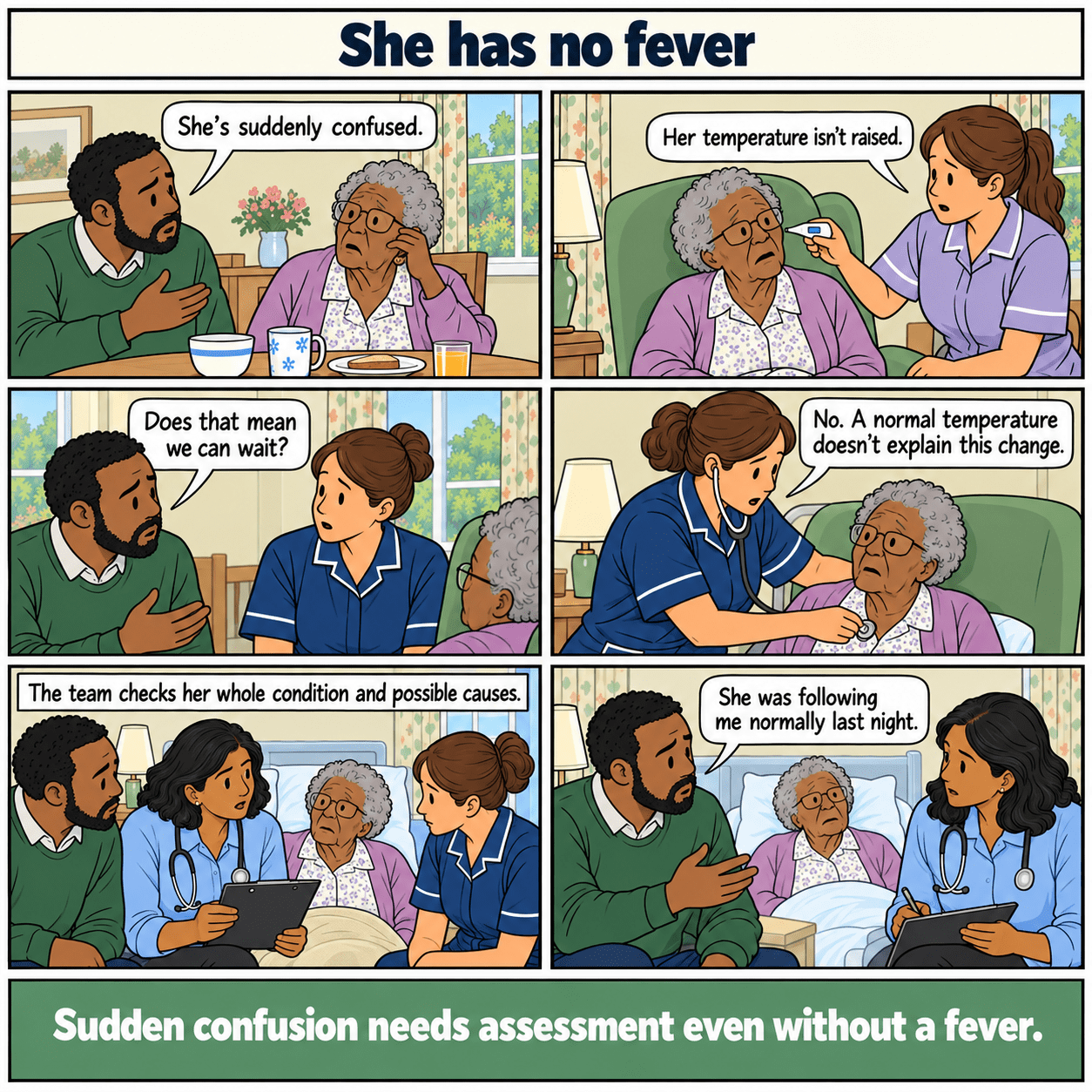 Six-panel illustrated story: She has no fever. Sudden confusion is assessed despite a normal temperature.