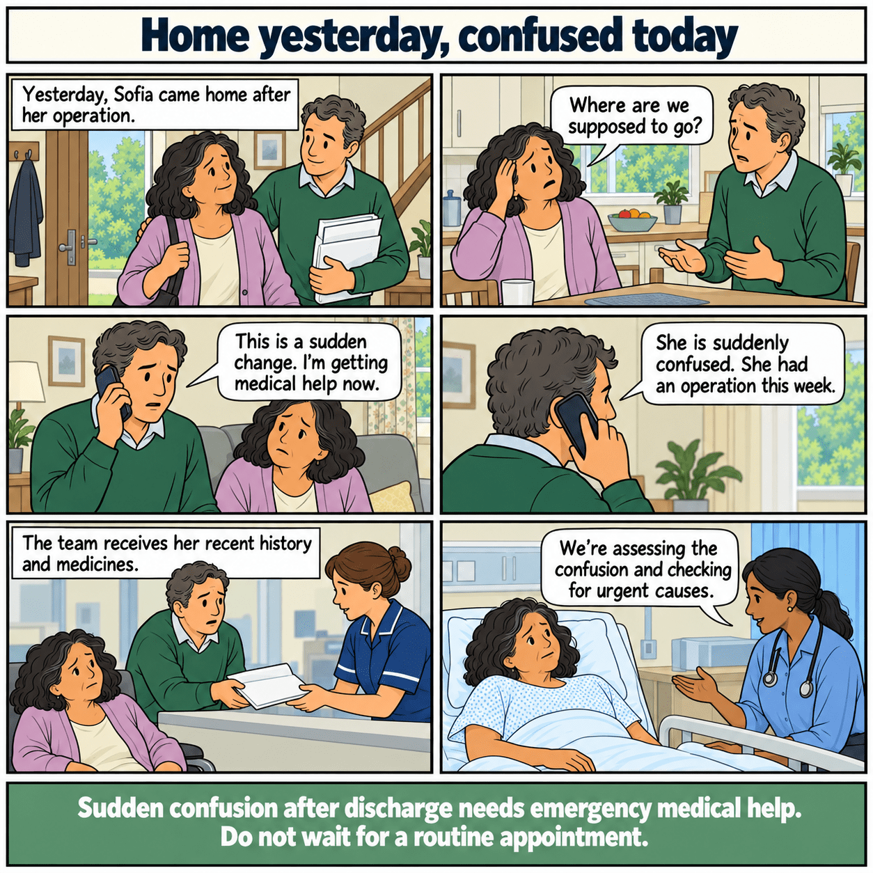 Six-panel illustrated story: Home yesterday, confused today. A partner seeks emergency help for sudden confusion after postoperative discharge.