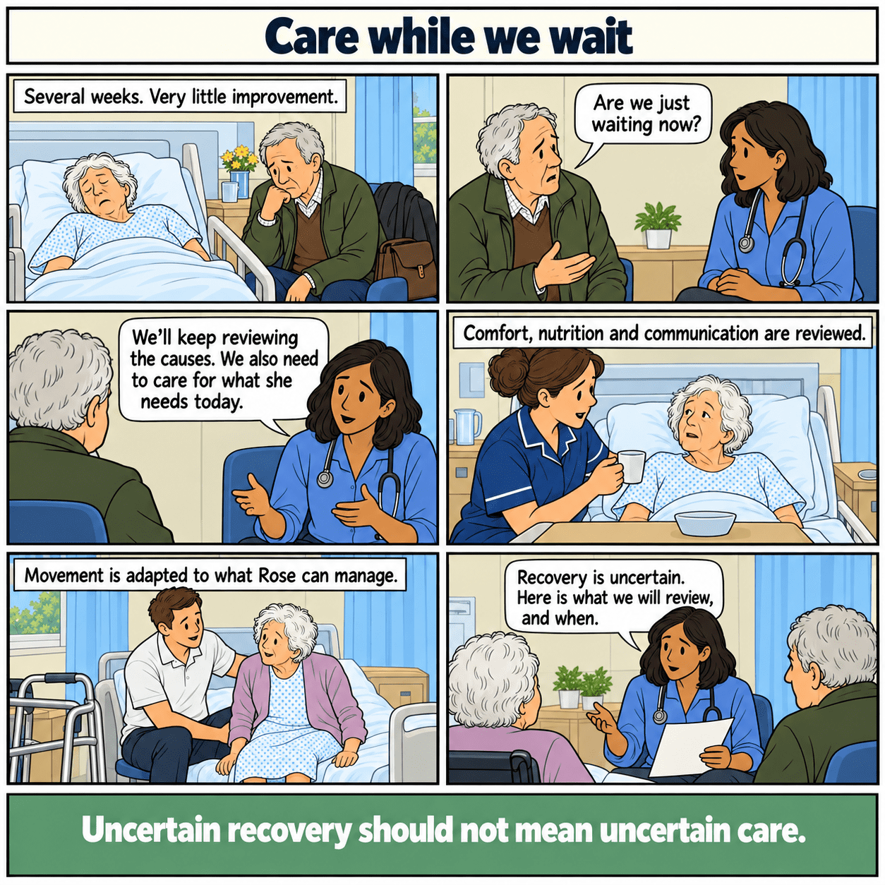 Six-panel illustrated story: Care while we wait. Medical review and everyday care continue despite little improvement in prolonged delirium.