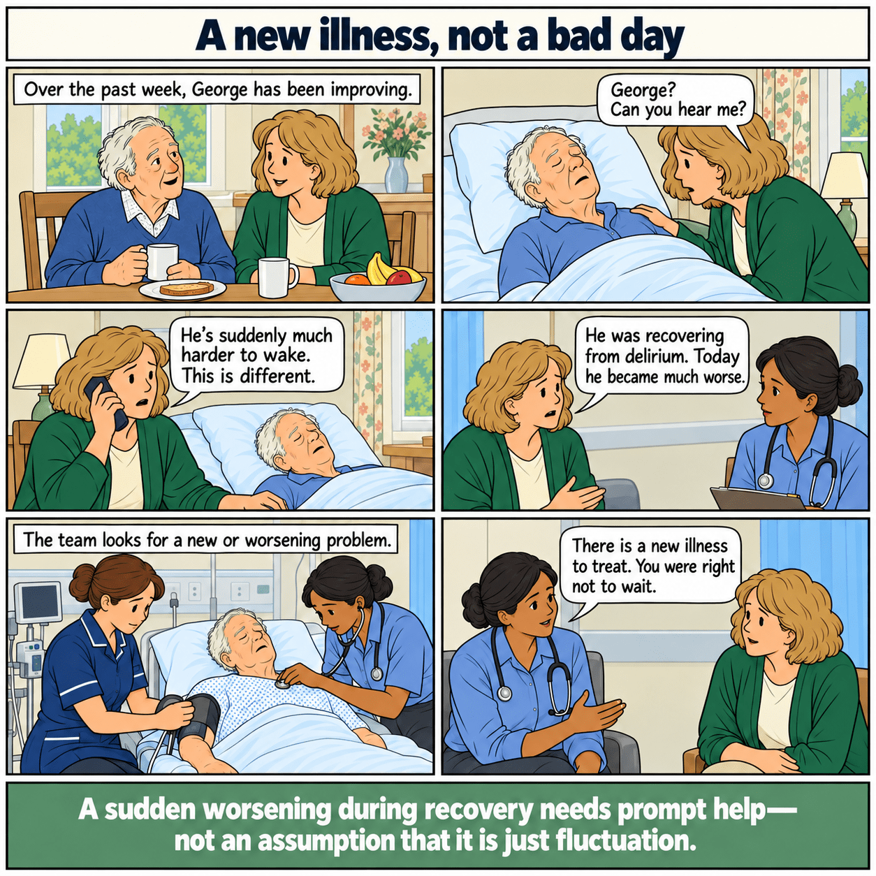 Six-panel illustrated story: A new illness, not a bad day. A sudden major deterioration during recovery leads to emergency assessment for a new illness.