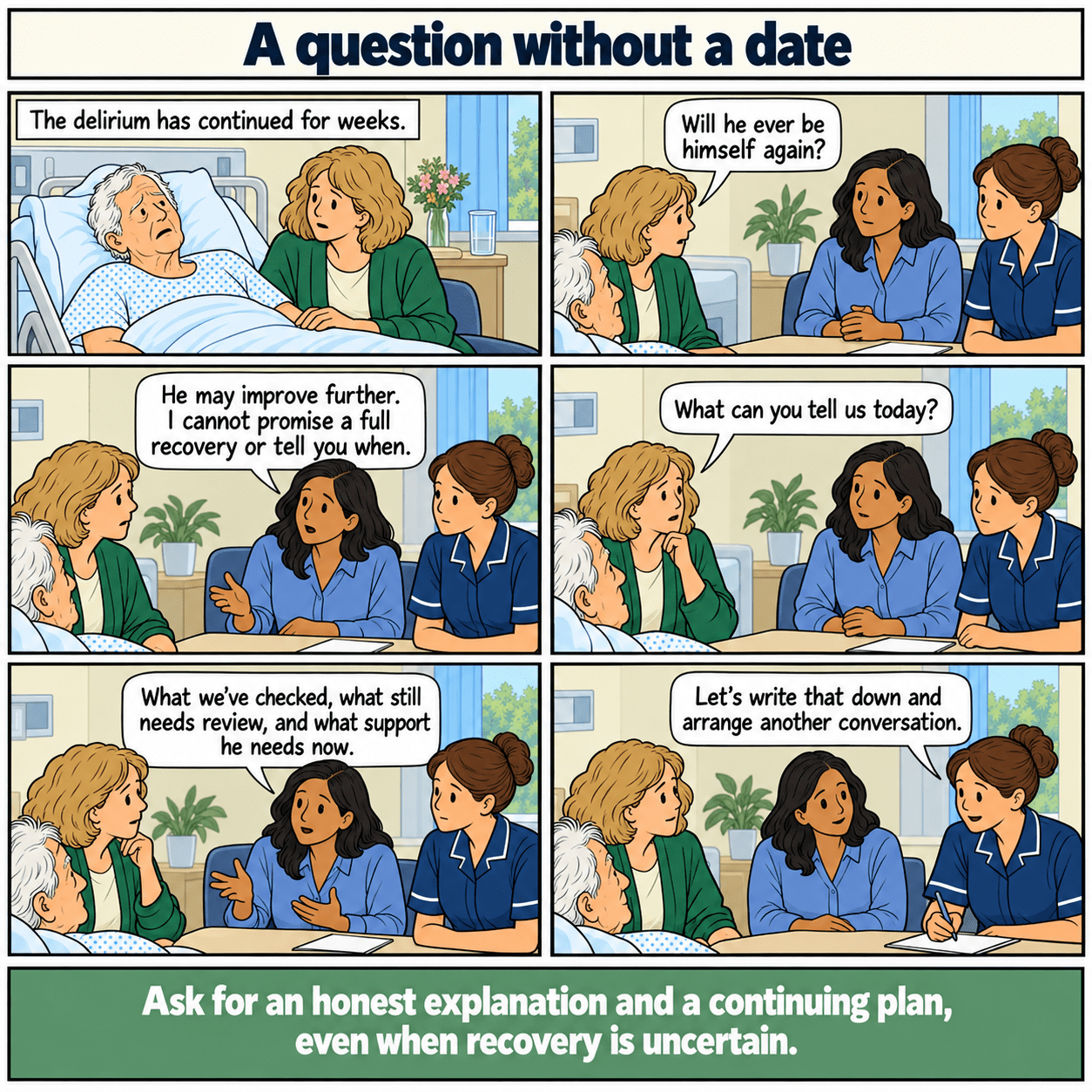 Six-panel illustrated story: A question without a date. A family receives a clear discussion and a care plan when recovery remains uncertain.