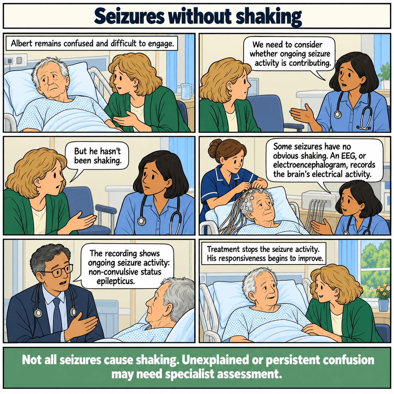 Six-panel illustrated story: Seizures without shaking. A brain electrical recording identifies ongoing seizures without obvious shaking.