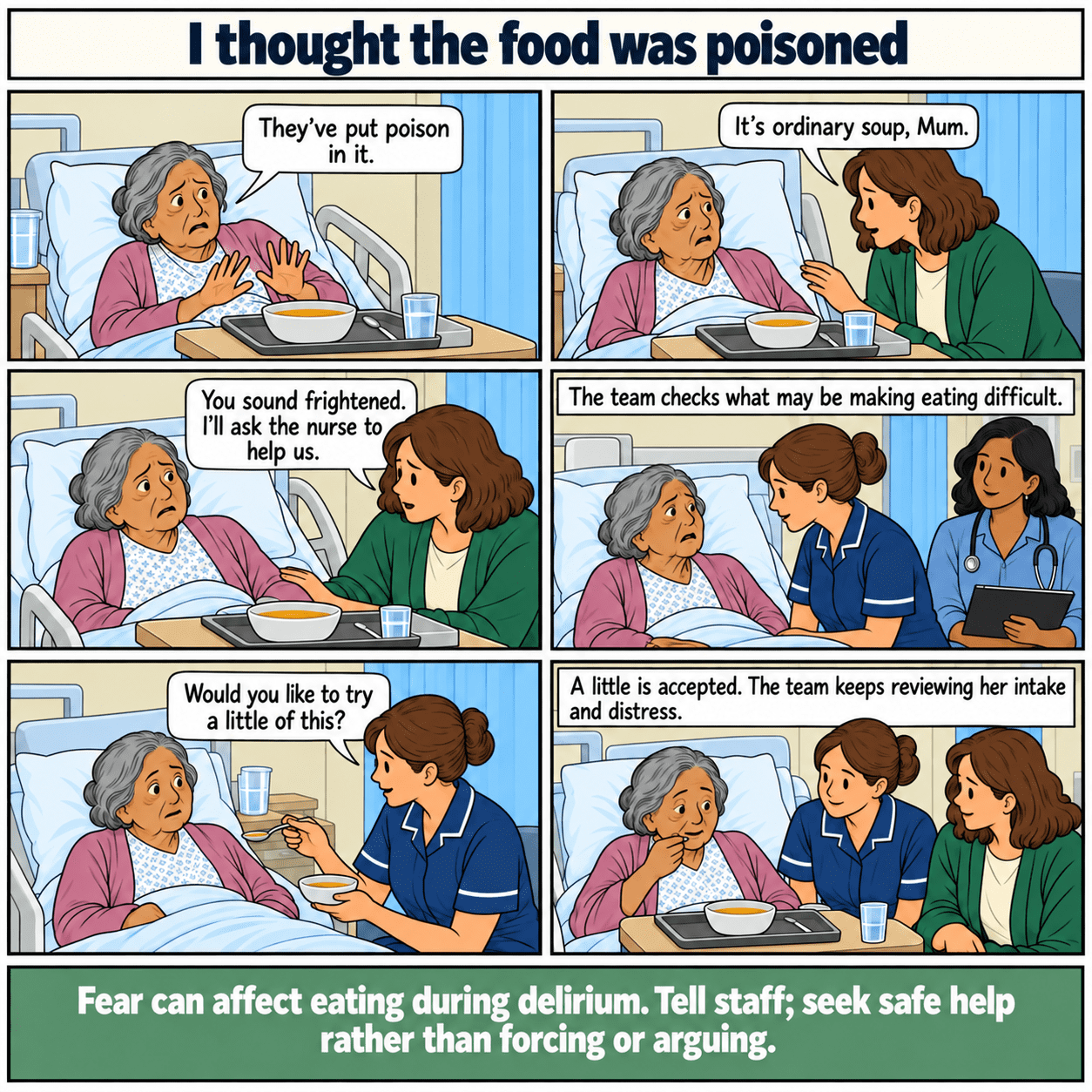 Six-panel illustrated story: I thought the food was poisoned. Fear about food leads to assessment and an individual safe eating plan.