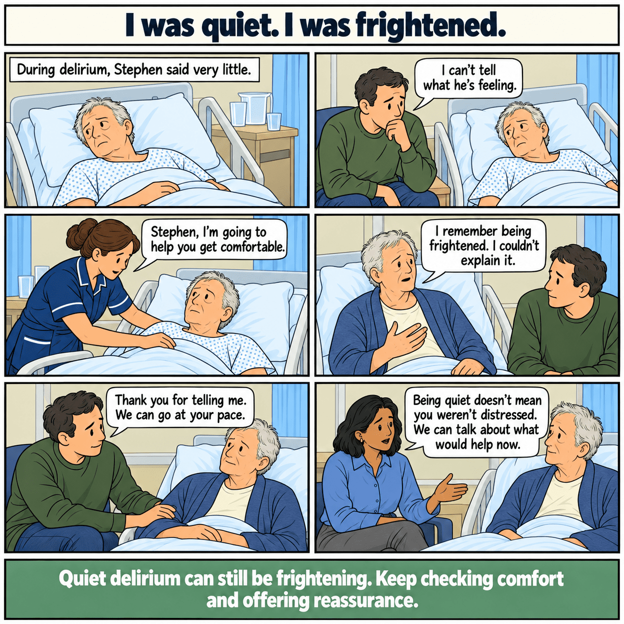 Six-panel illustrated story: I was quiet. I was frightened. A recovering patient explains that his quiet delirium was frightening.