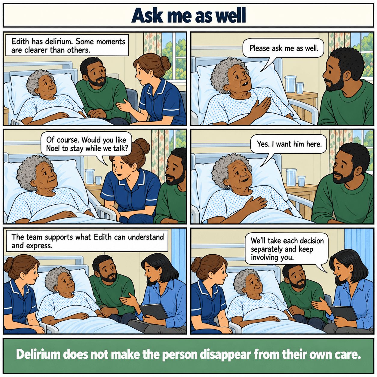Six-panel illustrated story: Ask me as well. A person with delirium asks to be included and is supported to express a preference.