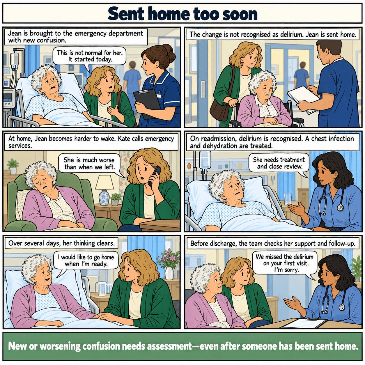 Six-panel story: an older woman’s delirium is missed in the emergency department. She worsens at home, returns to hospital, receives treatment and improves; the team acknowledges the missed diagnosis.