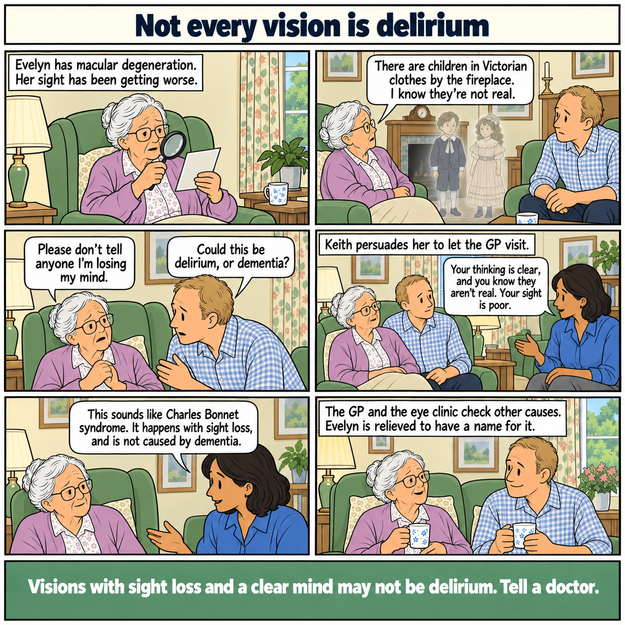 6-panel example case. Evelyn sees images after losing sight. Assessment identifies Charles Bonnet syndrome; the example does not show delirium. Full story text follows.