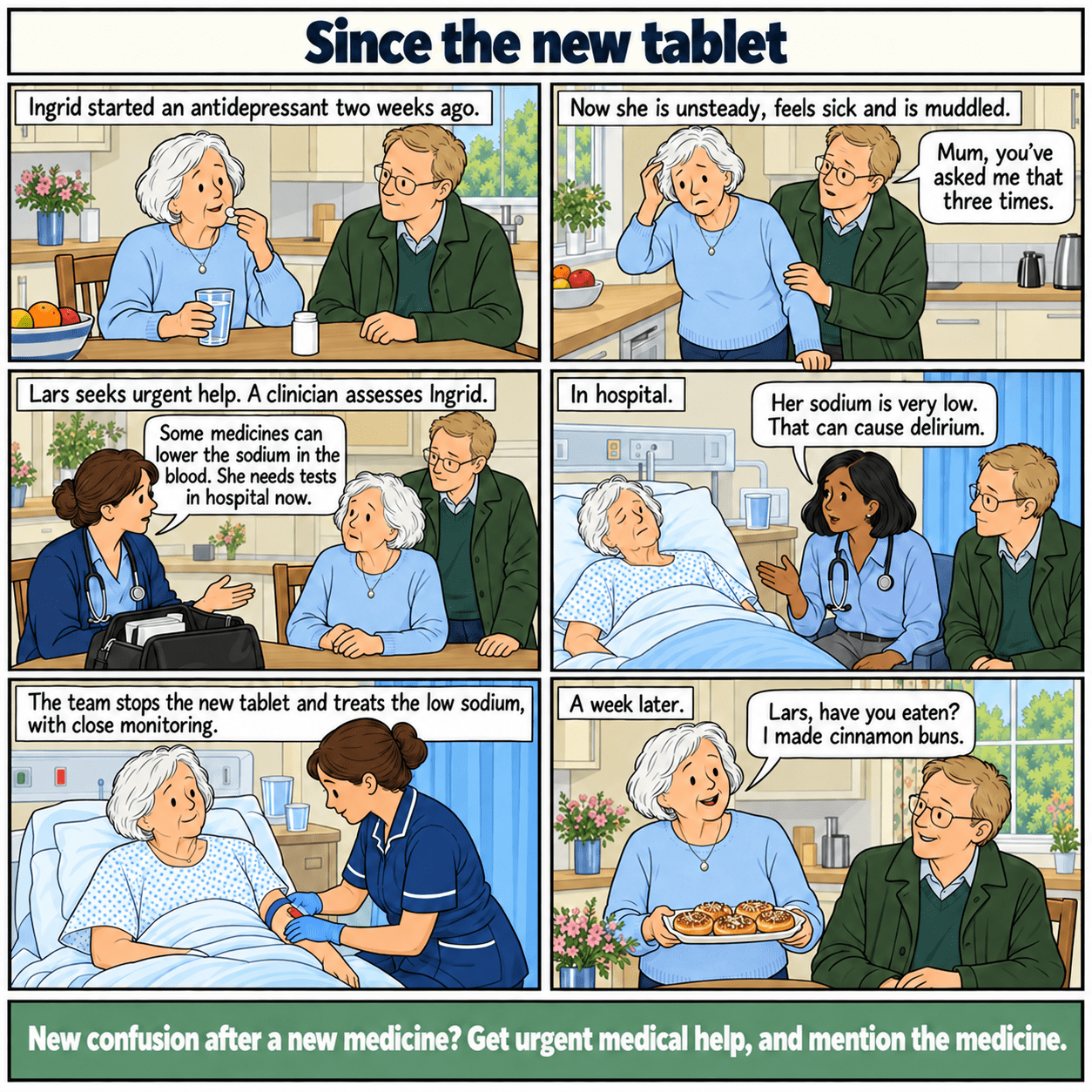6-panel example case. Ingrid becomes confused after starting a medicine. Staff identify very low sodium, review treatment and monitor her recovery. Full story text follows.