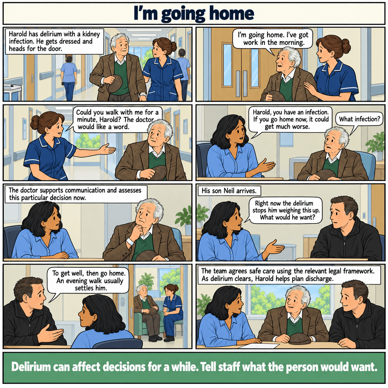 8-panel example case. Harold wants to leave hospital during delirium. Staff support his understanding and assess that particular decision, keeping him involved. Full story text follows.