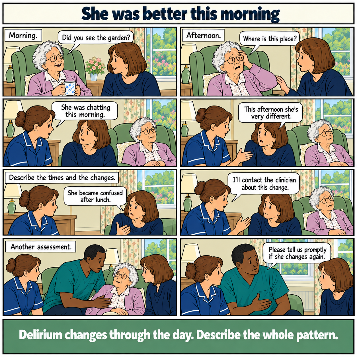 Eight-panel comic, She was better this morning. Jean, an older white woman in a care home, chats in the morning but becomes confused later. Her daughter explains the afternoon change when staff mention the earlier good spell. She gives its timing. The nurse contacts the clinician, who assesses Jean and asks the family to report further changes promptly. Footer: Delirium changes through the day. Describe the whole pattern.