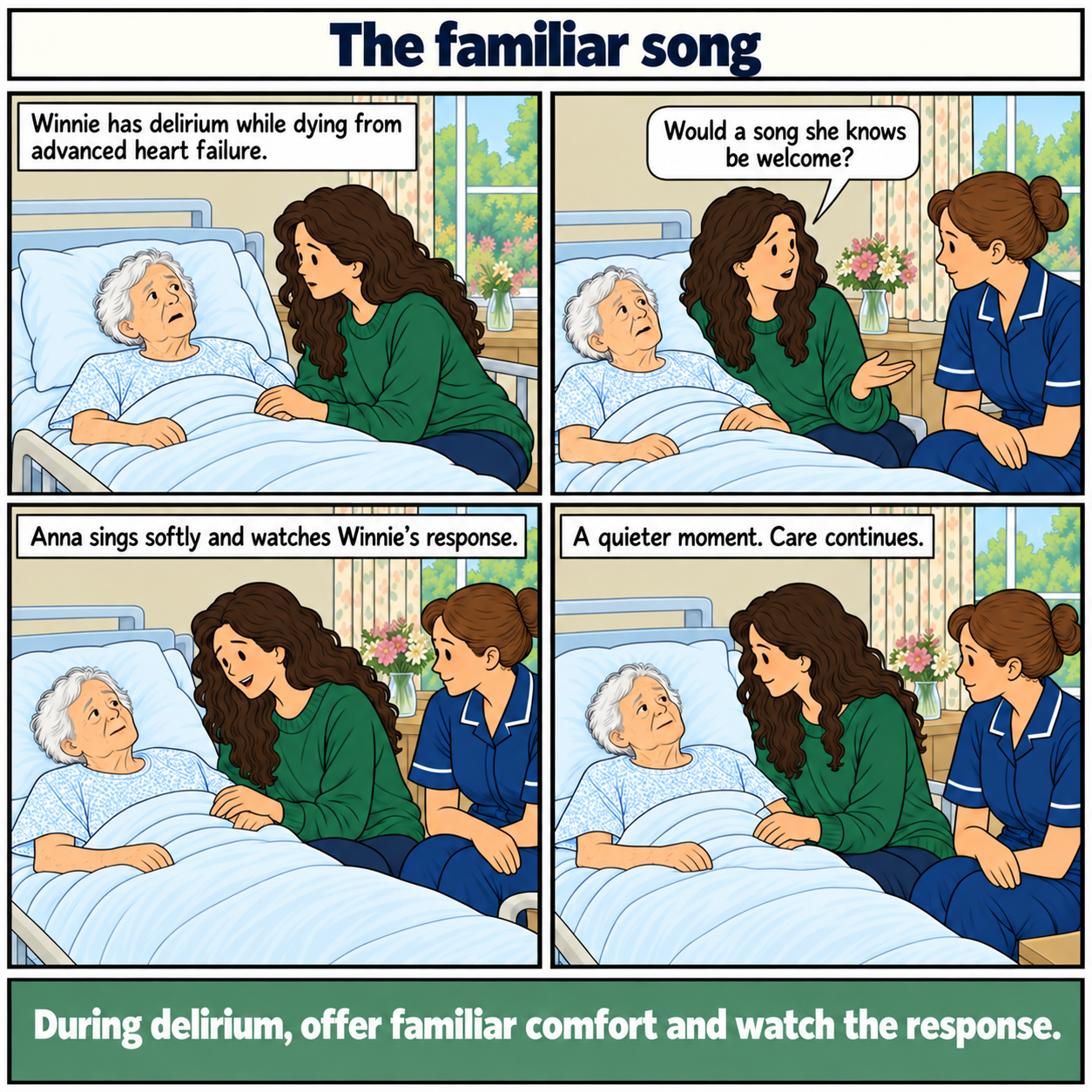 Four-panel comic, The familiar song. Winnie, an older white woman, has delirium while dying from advanced heart failure in a hospice. Her granddaughter asks about singing a familiar song. She sings softly while the nurse checks comfort. Winnie seems more settled for a while, with care continuing. No lyrics are printed and no cure is implied. Footer: During delirium, offer familiar comfort and watch the response.