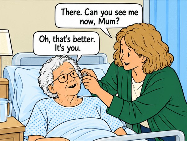 Mum now has her glasses on, and Karen is putting her hearing aid in. Karen: There. Can you see me now, Mum? Mum smiles: Oh, that’s better. It’s you.