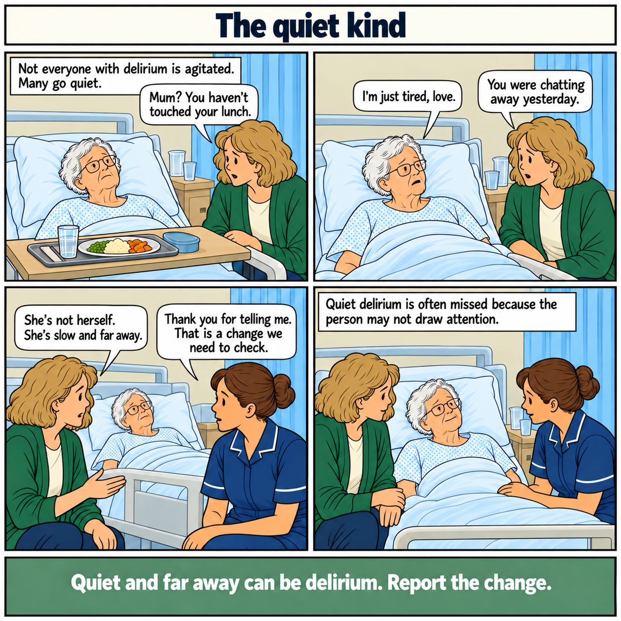 Four-panel comic. Mum lies awake in hospital, staring into the distance with lunch untouched. She says she is tired, but Karen says she was chatting yesterday. Karen tells the nurse that her mother is slow and far away; the nurse says the change needs checking. The nurse then sits at Mum’s bedside. Bottom line: Quiet and far away can be delirium. Report the change.