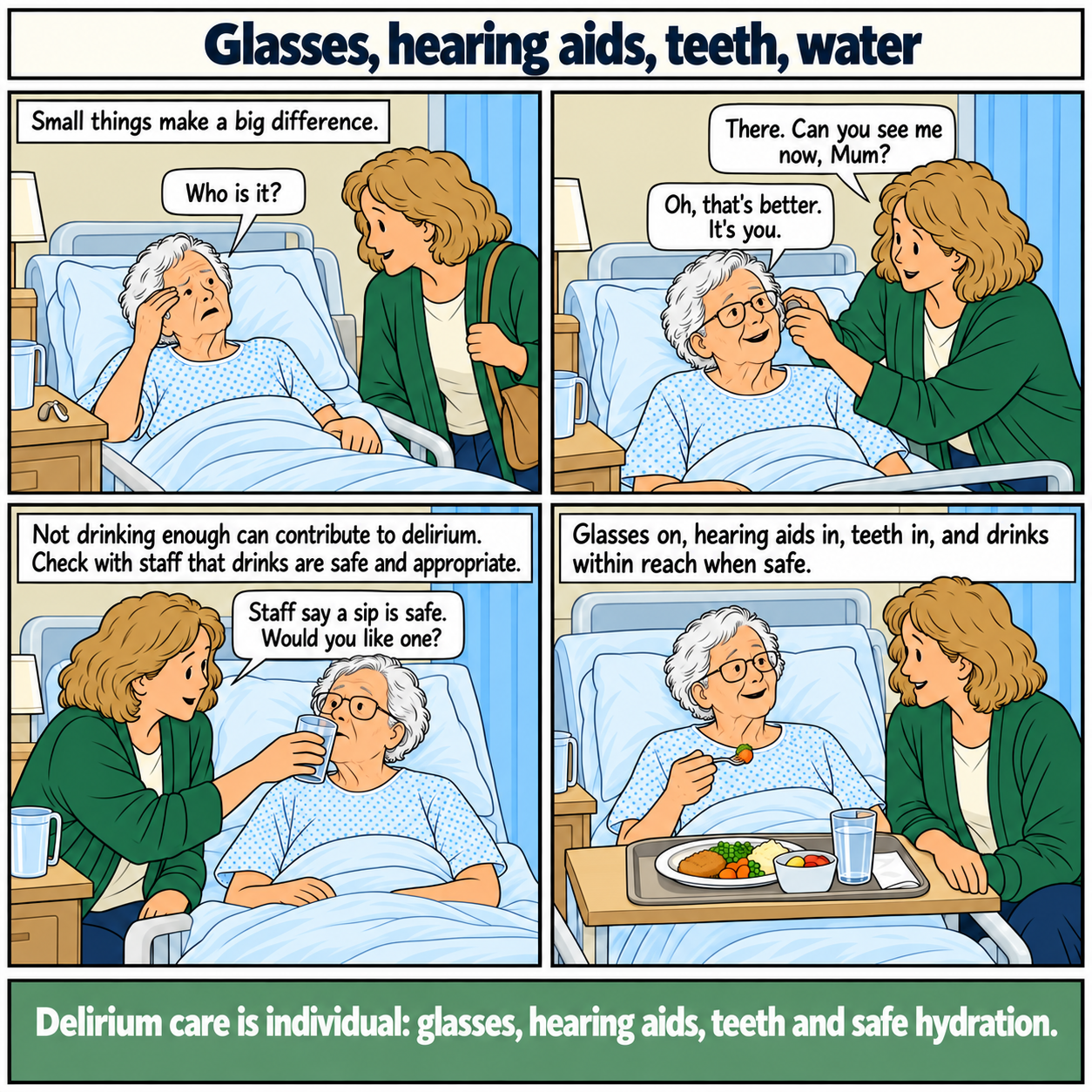 Four-panel comic. Mum cannot see clearly without her glasses and her hearing aid is nearby. Karen helps with both and Mum recognises her. After checking with staff that a drink is safe, Karen offers a sip. Mum later sits up with her glasses, meal and water. Bottom line: Delirium care is individual: glasses, hearing aids, teeth and safe hydration.