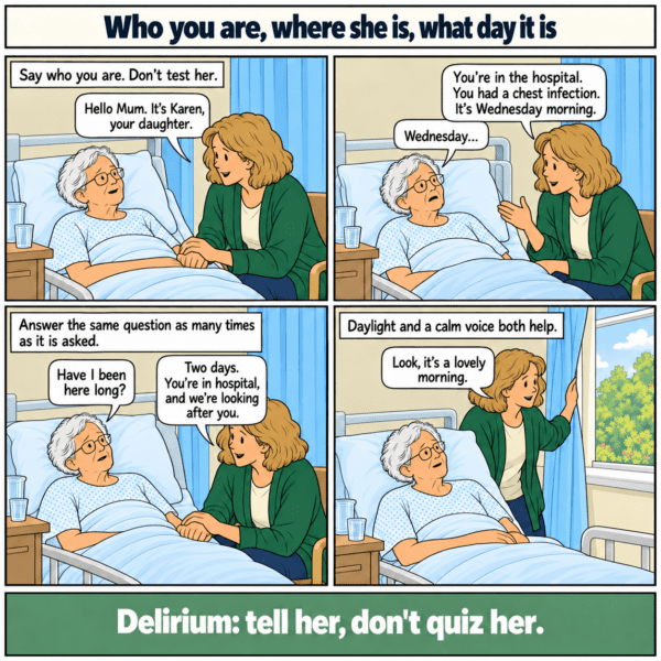 Four-panel illustrated story. Karen tells Mum who she is, that Mum is in hospital with a chest infection and that it is Wednesday morning. Bottom line: Delirium: tell her, don’t quiz her.