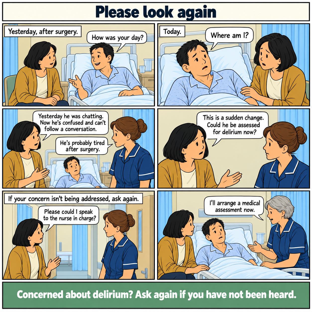 Six-panel comic. Yesterday, Ken, a man in his forties, chats with his wife Mei after surgery. Today he looks confused and asks where he is. Mei describes the change to a nurse, who suggests tiredness. Mei asks for a delirium assessment. When the concern remains unresolved, she asks for the nurse in charge. At Ken's bedside, the senior nurse says she will arrange medical assessment now. Cream title: Please look again. Green footer: Concerned about delirium? Ask again if you have not been heard.