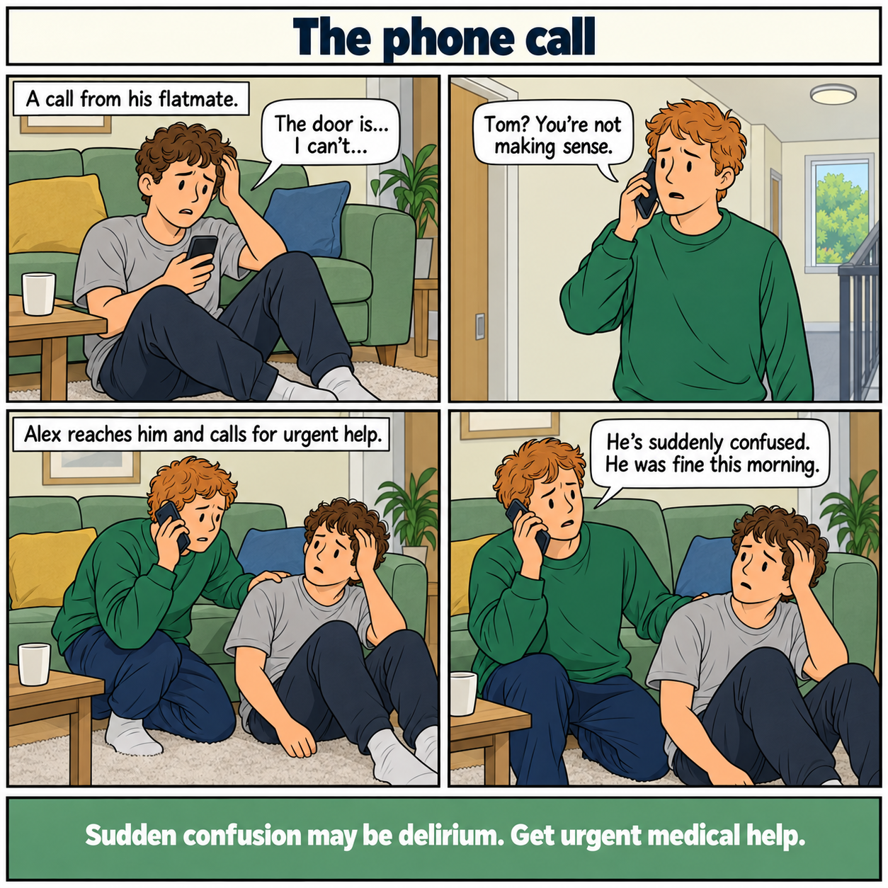Four-panel comic, The phone call. Tom, a young white man, calls his flatmate but cannot make sense. Alex hears the sudden change, reaches Tom in their flat and calls for urgent medical help. He stays beside Tom and tells the call handler that Tom was well that morning. Tom remains confused. Footer: Sudden confusion may be delirium. Get urgent medical help.