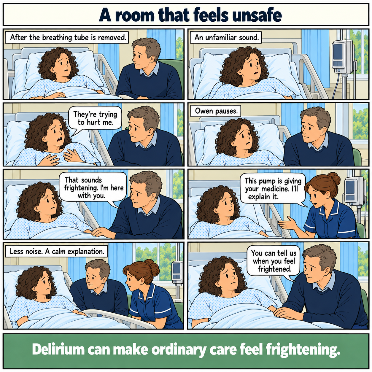 Eight-panel comic, A room that feels unsafe. Fiona, a middle-aged white woman in intensive care, hears an unfamiliar pump and fears someone is trying to hurt her. Her partner listens and acknowledges that she is frightened. The nurse explains the pump. They reduce avoidable noise and stay with her. No threatening figures are shown as real. Fiona remains unwell but can tell them about her fear. Footer: Delirium can make ordinary care feel frightening.
