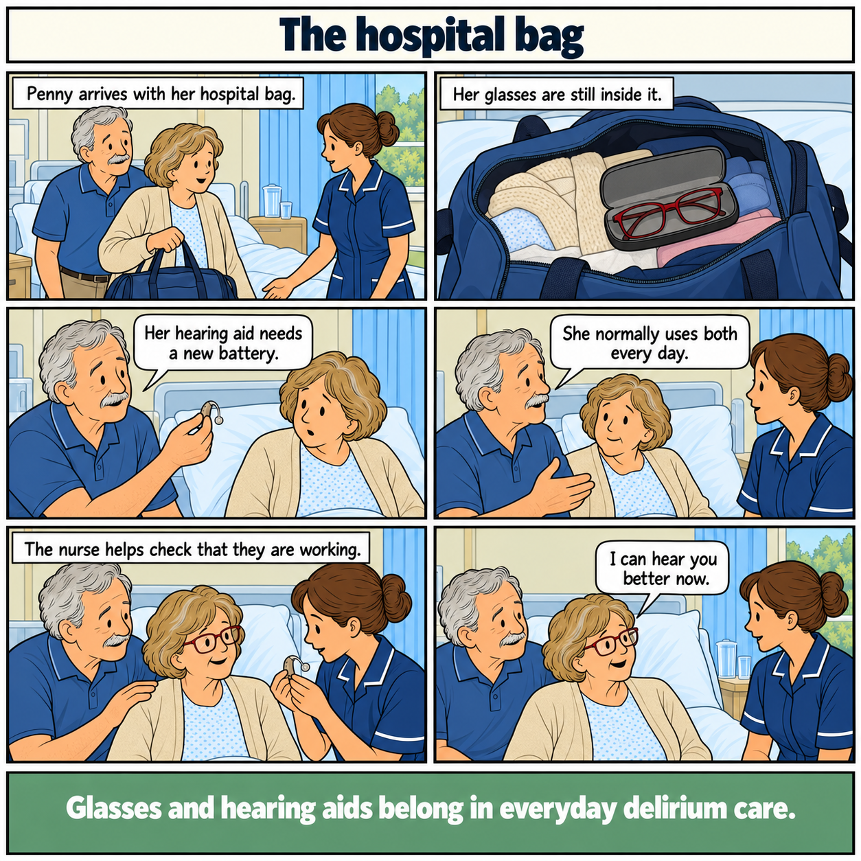 Six-panel comic, The hospital bag. Penny, an older white woman, arrives on a ward. Her glasses remain in her bag and her hearing aid needs a battery. Her husband explains that she uses both daily. The nurse helps check them. Wearing her glasses, Penny says she can hear better now. The hearing aid is not visible behind her hair in the final panel. Footer: Glasses and hearing aids belong in everyday delirium care.