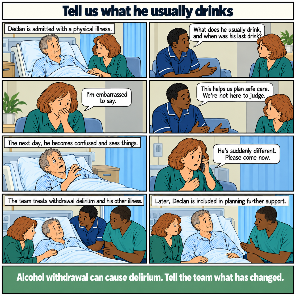 Eight-panel comic, Tell us what he usually drinks. Declan, a middle-aged white man, is admitted with a physical illness. A nurse asks his partner privately about alcohol use and explains that this is for safe care, without judgement. When Declan becomes confused and sees things, she reports it immediately. Staff treat withdrawal delirium and the original illness. Later he helps plan further support. Footer: Alcohol withdrawal can cause delirium. Tell the team what has changed.