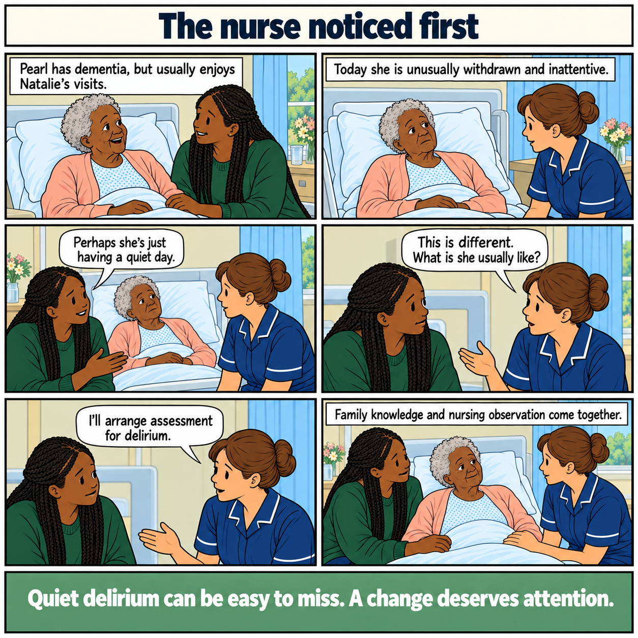 Six-panel comic, The nurse noticed first. Pearl, an older Black woman with dementia, is usually interested in her daughter’s visits. Today she is withdrawn and inattentive. Her daughter wonders if this is just a quiet day. The nurse recognises a change, asks about Pearl’s usual self and arranges delirium assessment. Family and staff share their observations. Footer: Quiet delirium can be easy to miss. A change deserves attention.
