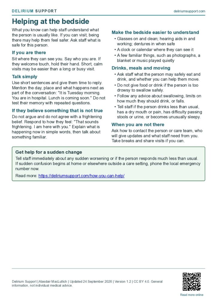 First page of the Helping at the bedside sheet