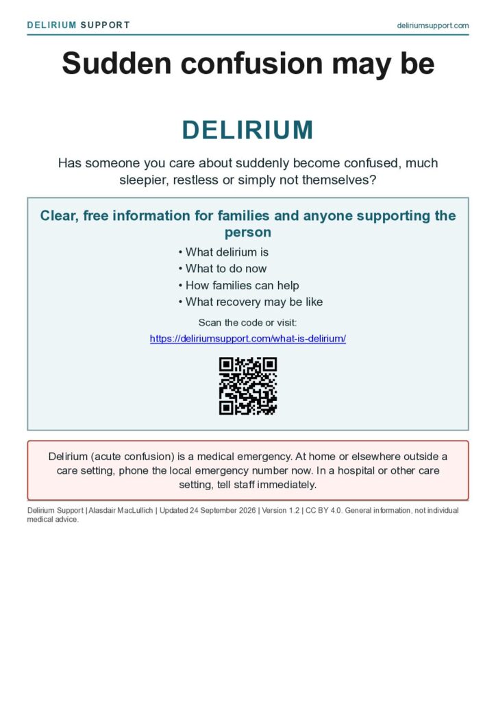 The poster “Sudden confusion may be delirium”, with a QR code for families.