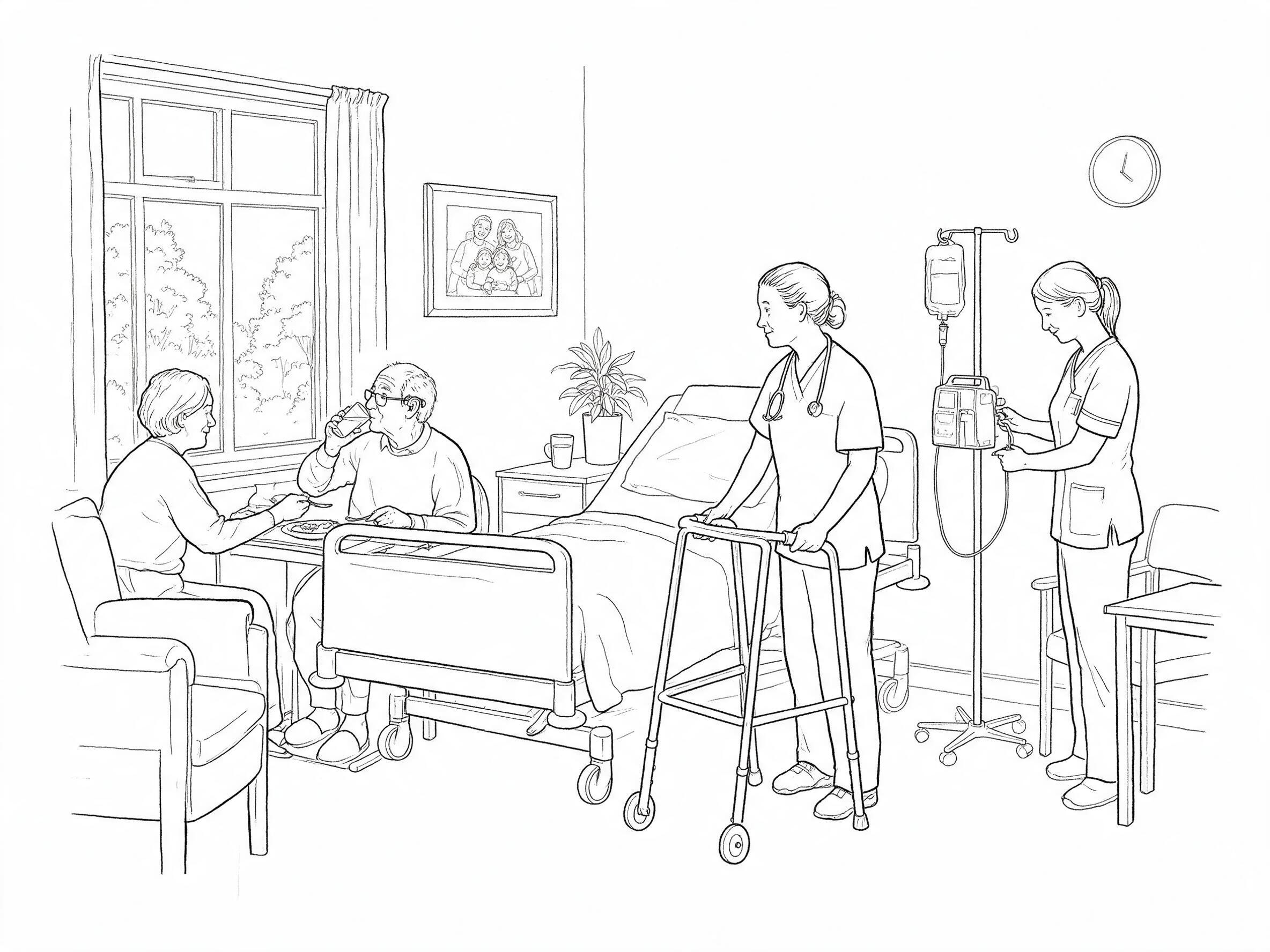 Illustration of different aspects of care: a visitor beside someone eating and drinking, supported movement, and a clinician managing treatment. Families agree with staff which help is safe and welcome.