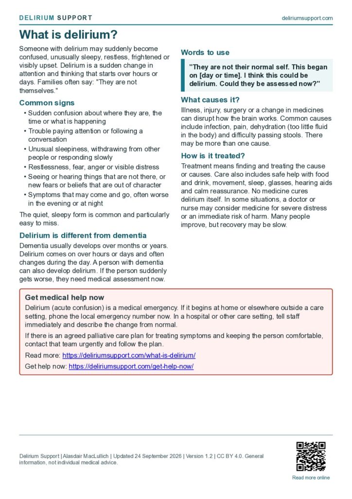 First page of the What is delirium? sheet